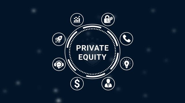 Private equity investment and financial growth concept with modern animated and secure business symbols in futuristic dark theme