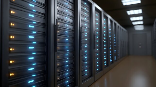 Rows of modern servers with blue and orange indicator lights illuminate a dark sterile data center corridor