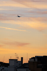 Airplane flying over city rooftops at sunset, Vertical