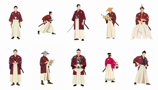 Flat vector illustration set of traditional Japanese samurai and historical figures in diverse poses and activities, wearing kimono and hakama.