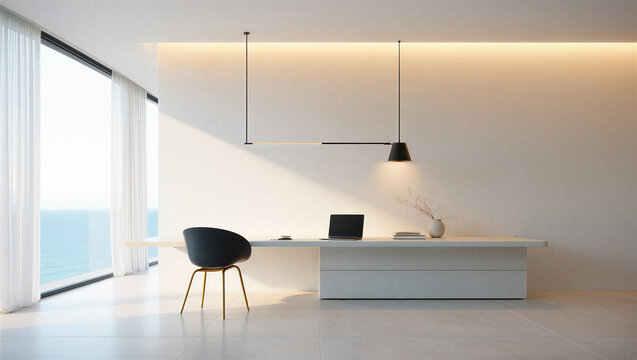 Modern office interior with desk chair and lamp in minimalist white room with large window