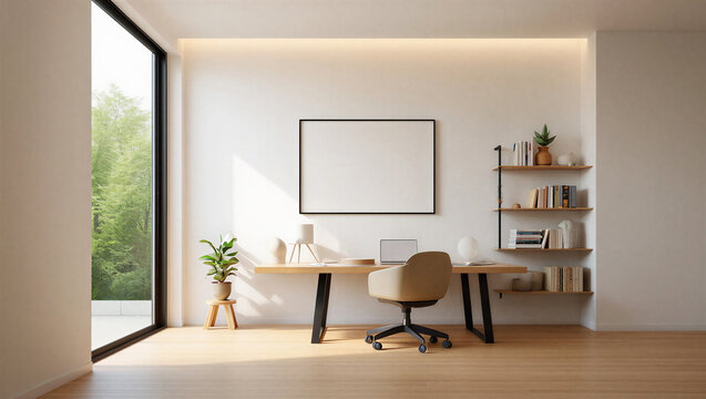 Modern home office with large window and minimal decor