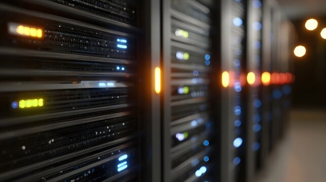 Rows of illuminated server racks blinking with lights in a modern data center conveying digital infrastructure and advanced technology