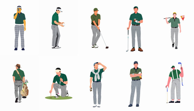 Flat vector set of male golfers performing various actions like driving, putting, scoring, and walking on the course.