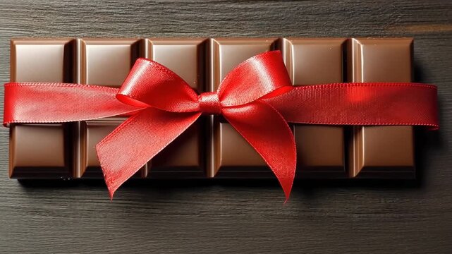 Chocolate bar with red ribbon sits on a wooden table for special occasion gift giving at a home celebration in the afternoon
