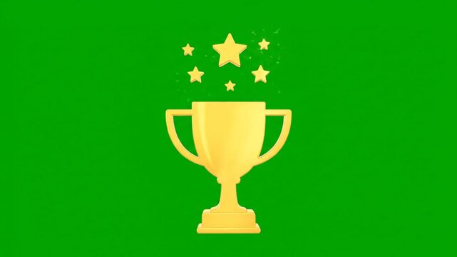 Golden trophy icon with stars, for winner or achievement, overlay effect, isolated on green background,