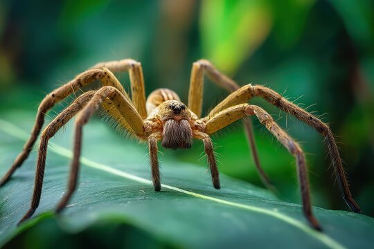 Brazilian wandering spider on green leaf
