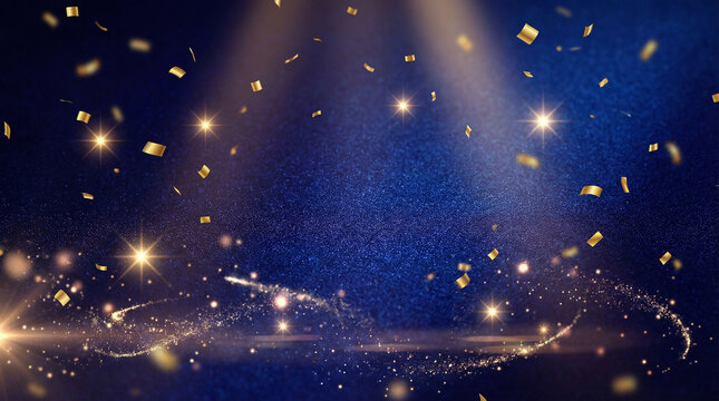 Dark blue stage background with a spotlight and falling golden confetti representing fame and celebration perfect for event posters and awards