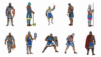 Set of diverse medieval European knights in full armor showing different actions and weapons, isolated on white background vector illustration. © Loro
