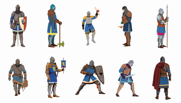 Set of diverse medieval European knights in full armor showing different actions and weapons, isolated on white background vector illustration.