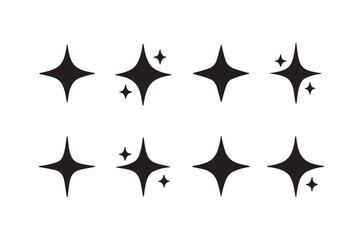 A collection of black sparkle shapes and starbursts arranged on a plain white background