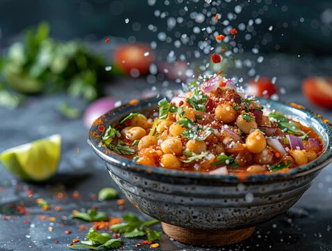 Bowl of colorful, spicy legume stew on dark blue surface with garnishes - AI-Generated