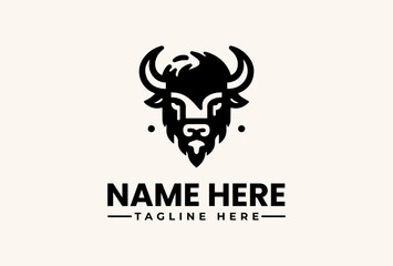 Fototapeta premium A black vector illustration of a bison head logo with horns and a tagline on a beige background, featuring placeholder text for a name and tagline.