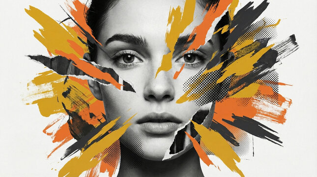 Abstract portrait of a woman with shattering face effect and orange shards representing mental chaos perfect for psychology and art concepts