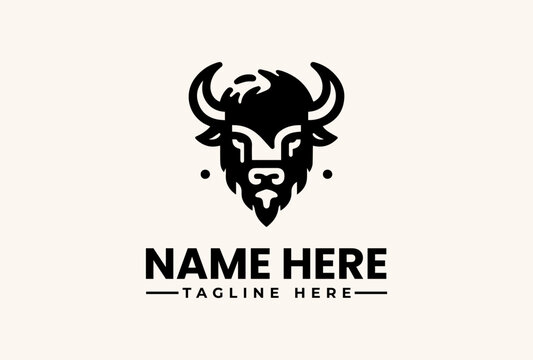 A black vector illustration of a bison head logo with horns and a tagline on a beige background, featuring placeholder text for a name and tagline.