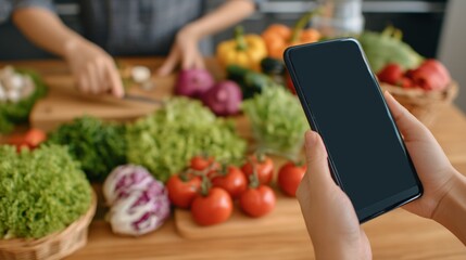 Woman holding smartphone with empty screen while another woman is chopping vegetables. Healthy food preparation and cooking recipe searching.