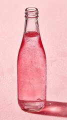 Cold glass bottle of sparkling pink water with condensation. Refreshing beverage for summer drinks and healthy hydration.