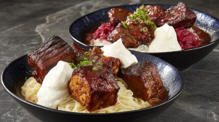 Two bowls of ramen noodles with braised meat, garnished with sour cream and spring onion. Asian cuisine and homemade food concept.