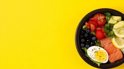 Healthy power bowl with salmon, egg, berries, and vegetables. Balanced diet food concept. Fresh and nutritious meal.