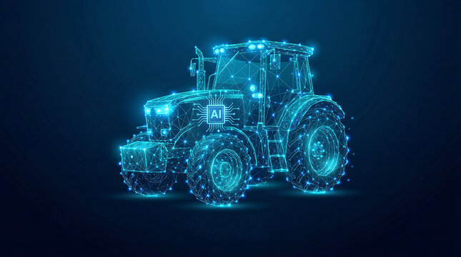 Futuristic Digital Wireframe of Autonomous Agricultural Tractor with AI Chip - Smart Farming Machinery