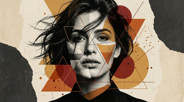 Abstract geometric portrait of a woman with overlapping shapes and circles representing modern art perfect for creative fashion and beauty concepts