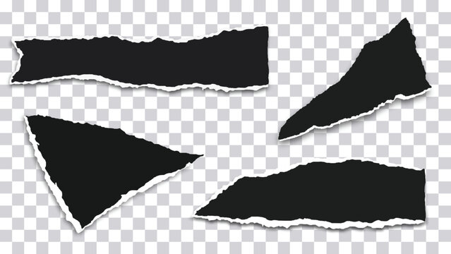 Black torn paper set with ripped edges and realistic shadow, dark scrap reveal vector collection