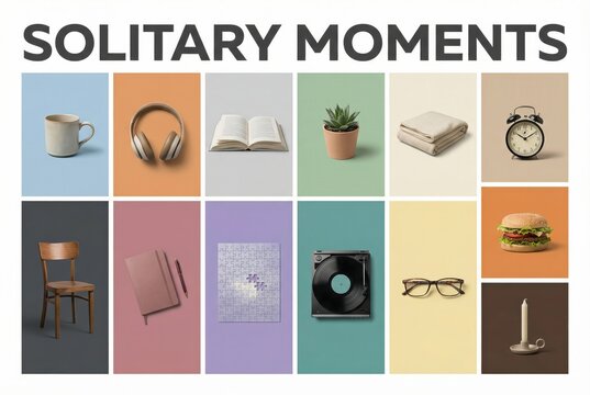 Solitary moments encapsulating personal reflection through diverse elements like a warm mug of coffee, immersive music, and engaging hobbies creating a tranquil atmosphere and comfort