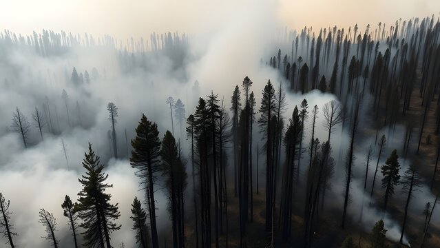 A dense forest enveloped in thick smoke likely caused by wildfire spreading through the treetops