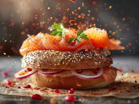 Golden-brown toasted bagel with sesame seeds, pinkish smoked salmon, red onion slices, poppy seeds, and chili flakes in a vibrant culinary scene Soft lighting enhances textures and col - AI-Generated
