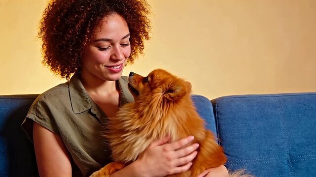 Woman smiling holding small dog