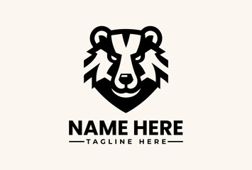 A black and white illustration of a bear's head logo with a shield shape and text placeholder on a beige background.