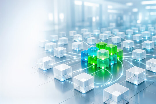 KubeCon 2026 cloud native infrastructure visualization with interconnected translucent modular cubes representing Kubernetes containers DevOps GreenOps efficiency electric cyan sustainable green