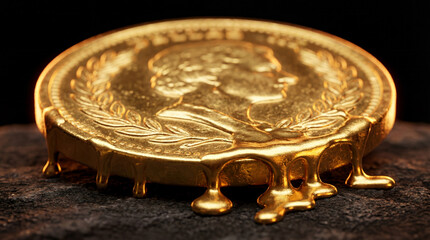 Gold coin melts on dark stone surface with shiny droplets forming. This scene captures a close-up detail of wealth and investment. Concept of finance, commerce, treasure
