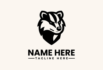 Black and white illustration of a badger's head logo with placeholder text on a beige background, featuring a vector-style icon and pictogram design.