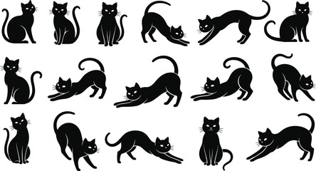Vector illustration of cat silhouettes in black design symbolizing feline behavior, pets, wildlife, education, and decorative art © SABINA