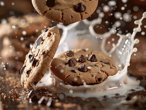 Warm, cozy scene of chocolate chip cookie baking in slow motion Large, freshly baked cookie with glossy dark chocolate chips on a reflective cooking surface Ongoing process implied by - AI-Generated