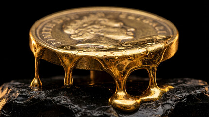 Gold coin melts and drips onto dark textured surface. Close-up shows fine details of coin design. Concept of finance, art, currency, collectibles