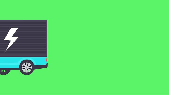 Modern Electric Delivery Cargo Truck Animation Frame Showing Battery Charge and Lightning Symbol on Green Screen Background for EV Logistics
