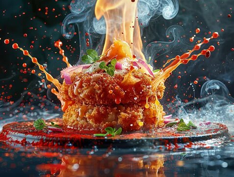 Close-up shot of a layered cake on fire, atop a red base with dynamic droplets, surrounded by smoke or steam Dramatic lighting with intense shadows - AI-Generated