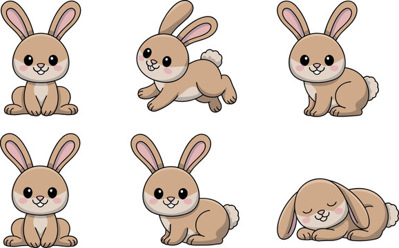 Cute tan bunny vector collection featuring adorable rabbits in various poses including sitting jumping and sleeping on white background.