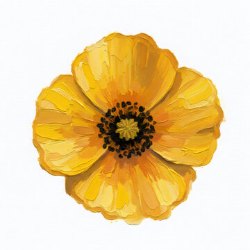 Hand painted yellow flower art on white background. Oil painting style spring bloom for decorative design element.