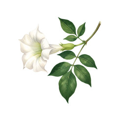 Fototapeta premium White flower with green leaves and a bud. Botanical illustration of a bloom on a stem. Nature art for print, design, and education.