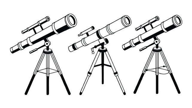Black and white vector set featuring telescopes in a minimalist, modern style. Clean lines and simple shapes for science and astronomy illustrations.