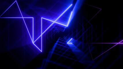 Abstract futuristic technology background with glowing blue and purple neon geometric lines forming a digital tunnel 3d illustration