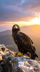 Fototapeta premium Eagle perched on rocky mountain peak.