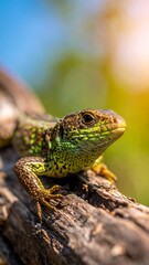 Fototapeta premium Green lizard on tree branch outdoors.