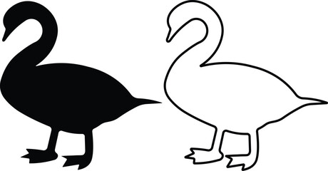 Two stylized bird silhouettes, one solid black and one white outline, resembling swans or geese standing side by side. © Najma