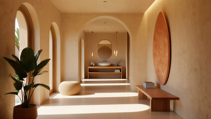 Modern minimalist interior hallway with natural light and surfboard decor