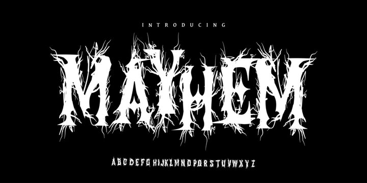 Mayhem Font is An extreme thorn display font with sharp chaotic shapes, perfect for metal logos, horror posters, album art, and dark branding.