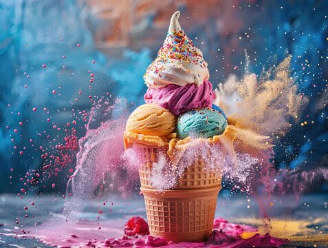 Ice cream cone with multiple colorful scoops, scattered sprinkles, vibrant colors, reflective surface, whipped cream, bright lighting, cheerful style, joy, indulgence - AI-Generated